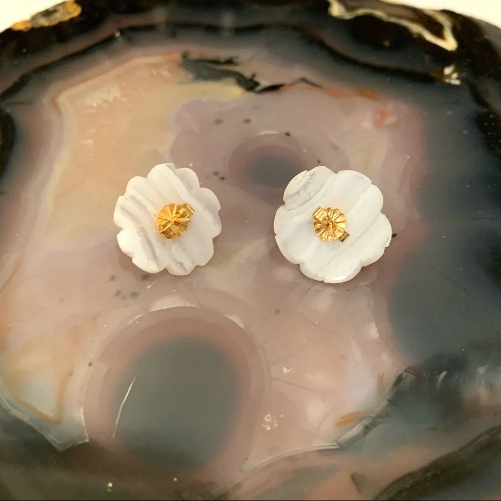Cultured Pearl Earrings with Flower Agate Jackets